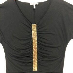 True Freedom Black Dolman Sleeve V Neck Top Gold Sequin‎ Embellishment XL